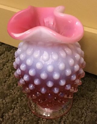 Vintage 3 " Fenton? Peachcrest Pink Cased Milk Glass Hobnail Vase