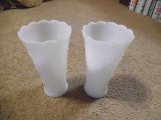 Set Of 2 Vintage Milk Glass Teardrops & Pearls Pattern 7 1/4 Vase Scalloped Edge