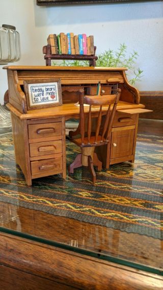 Vintage Miniture Handmade Dollhouse Oak Rolltop Desk And Chair