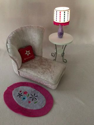 American Girl Chaise Lounge,  Table,  Lamp,  Rug,  Toss Pillow For 18  Dolls