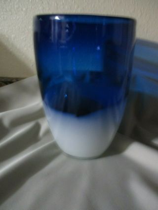 Large,  Heavy Wide Mouth Cobalt Blue Gradient White Glass Modern Vase 8 - 1/2 "