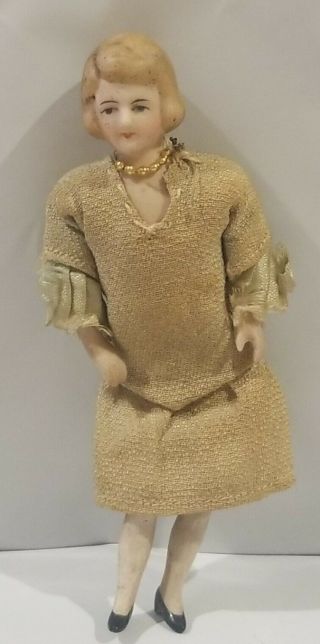 Antique Bisque Dollhouse Doll Molded Hair Clothes Mother Woman 4 3/4 "