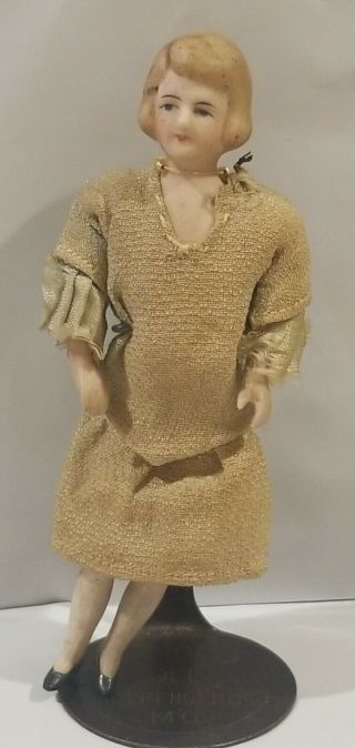 Antique Bisque Dollhouse Doll molded hair clothes mother woman 4 3/4 