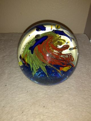 5 Wide Midcentury Murano? Art Glass Aquarium Paperweight - 6 Fish Sea Life