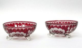 Pair Egermann Czech Bohemian Ruby Cranberry Glass Cut Crystal Clear Candy Dish