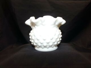 Vintage Fenton Hobnail White Milk Glass With Ruffled Edge Round Vase