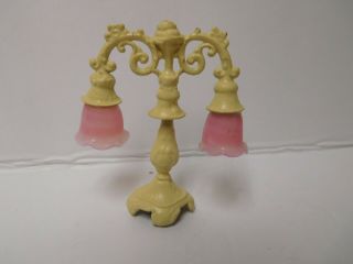 Vtg Set Dollhouse Miniature Metal Pink Slag Glass Wall Sconce Light Table Lamp 2