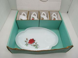 Anchor Hocking Anchorglass Serva Snack Set 1 Serving Tray 4 Cups Box Roses Vtg
