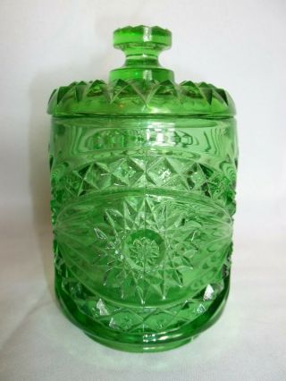 Vintage Eapg Emerald Green Glass Candy Dish/ Trinket Jar With Lid/ Cannister