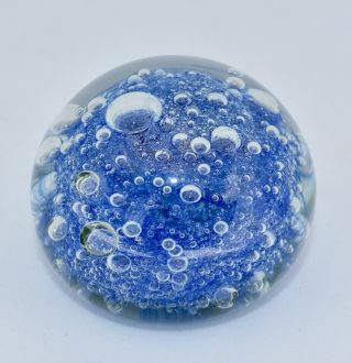 Blue To Clear Controlled Bubbles Glass Paperweight Ground Pontil Mark