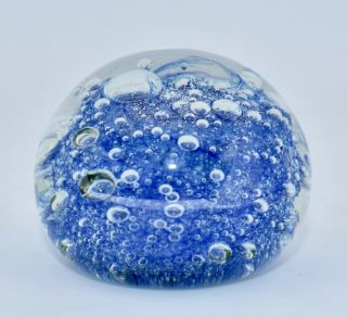 Blue to Clear Controlled Bubbles Glass Paperweight Ground Pontil Mark 2