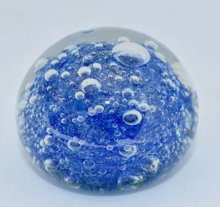 Blue to Clear Controlled Bubbles Glass Paperweight Ground Pontil Mark 3