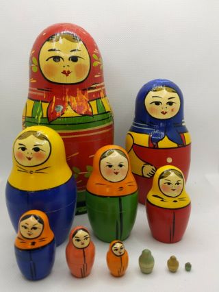 Ussr Rare 11pc Matryoshka Nesting Doll Hand Painted Collectible Vintage Old 7.  5 "