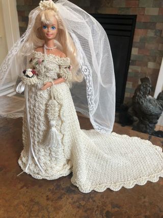 Vintage Barbie With Hand Crocheted Wedding Gown And Stand - Exquisite