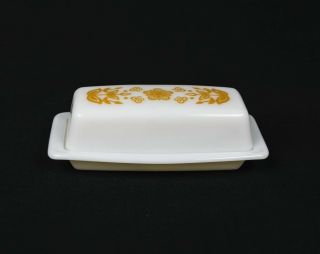 Vtg Pyrex 1972 Butterfly Gold Print White Milk Glass Covered Butter Dish W/ Lid
