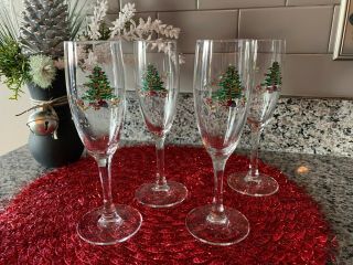 4 Pc Vintage Luminarc Christmas Champagne Wine Flute 5 Oz Glasses Tree Bear