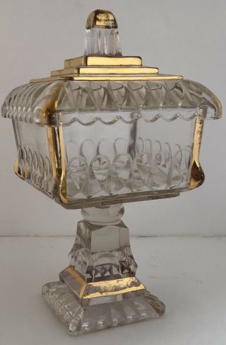 Vintage Jeanette Glass Square Pedestal Candy Dish Wedding Cake Box Clear Gold