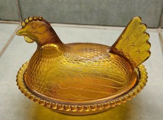 Vintage Amber Glass Hen On Nest - Candy Dish