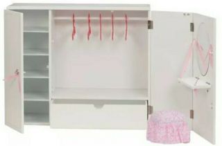 American Girl Our Generation White Wardrobe Armoire With Vanity Stool & Outfits