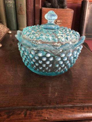 Fenton Blue Opalescent Hobnail Covered Candy Dish