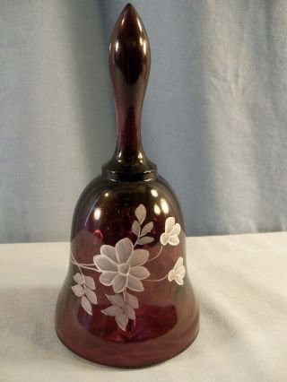 Fenton Hand Painted Purple Glass Bell - White Flowers Design 6 3/4 " Tall