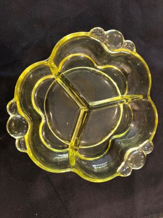 Vaseline Glass? 3 Part Divided Relish Dish Yellow Vaseline Glass