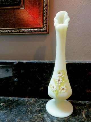 Vintage Hand Painted Fenton Custard Ruffled Edge Vase Signed Kim Brunny 8.  5 " Tall