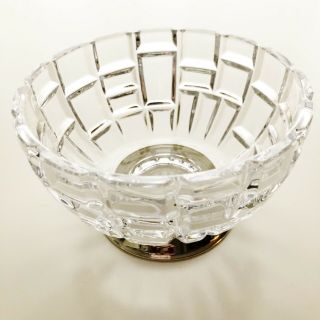 Vintage Lead Crystal Block Pattern Small Serving Bowl Silver Plated Base 5 1/4”