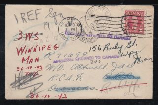 Canada 1943 Wwii Redirected Military Cover Winnipeg To Rcaf Overseas Returned