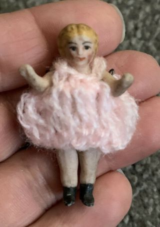 Tiny Rare Bisque Hertwig Carl Horn Miniature Doll Jtd Crocheted Pink Dress 1.  5”