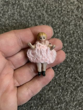 Tiny Rare BISQUE HERTWIG CARL HORN MINIATURE Doll Jtd Crocheted Pink Dress 1.  5” 2