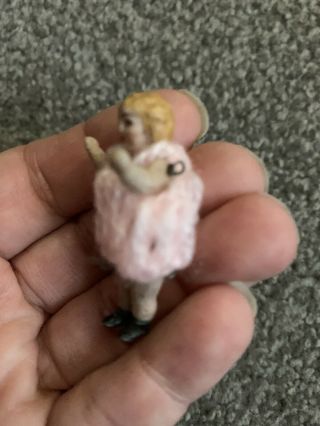 Tiny Rare BISQUE HERTWIG CARL HORN MINIATURE Doll Jtd Crocheted Pink Dress 1.  5” 3