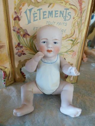 Sweet Antique Early All Bisque German Baby Doll 6 " Molded Romper Face