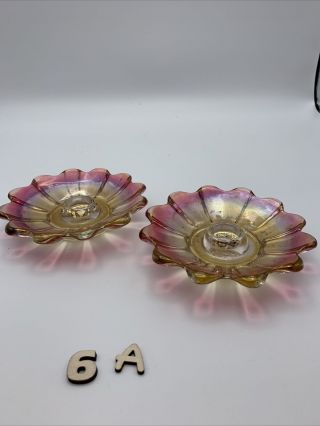 Set Of 2 Vintage Pink Iridescent Carnival Glass Taper Candle Holders