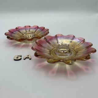 Set Of 2 Vintage Pink Iridescent Carnival Glass Taper Candle Holders 2
