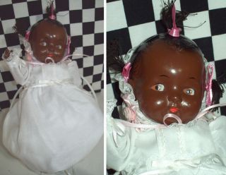 10 " Antique Composition Black Baby Doll White Gown W Pantaloons 3 Hair Tuffs