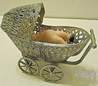 Vintage Germany Small Bisque Baby Doll In Fancy Metal Victorian Baby Pram/buggy