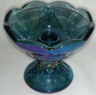 Indiana Blue Carnival Glass Harvest Grape Pattern Single Taper Candle Holder 4”