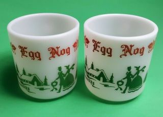 2 Vintage Milk Glass Hazel Atlas Mugs Cups Eggnog Punch Christmas Holiday Set 2