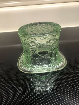 Vintage Art Glass Daisy And Button Large Green Vaseline Top Hat