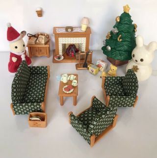 Sylvanian Families Christmas Lounge Set With Santa,  Tree And Fireplace