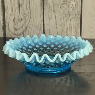 Vintage Fenton Art Glass Blue Opalescent Hobnail Bonbon Candy Bowl Dish 5 1/2”