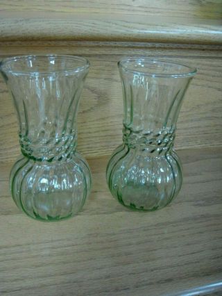 Vintage Anchor Hocking Light Green 3 - Banded Small Glass Flower Vases Mid - Century
