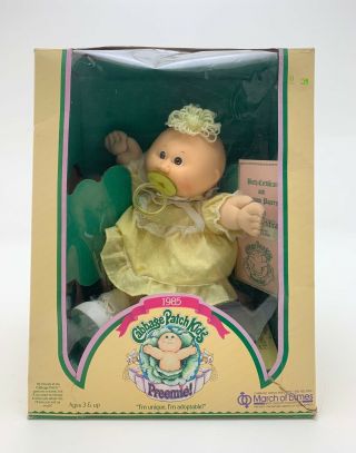 1985 Cabbage Patch Kids Preemie Brown Eyes Girl Doll W/original Box Coleco