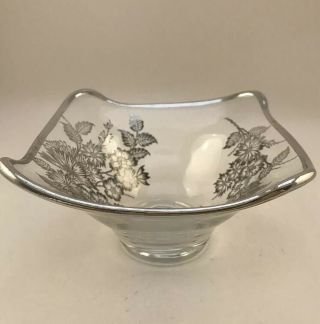 5 - 3/4” X 2 - 3/4” Silver Inlay Rim Floral Clear Etched Crystal Glass Bowl Vintage