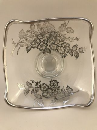 5 - 3/4” X 2 - 3/4” Silver Inlay Rim Floral Clear Etched Crystal Glass bowl vintage 2