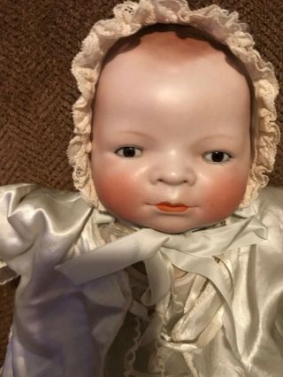 17 " Antique German Bisque Head Putnam Bye Lo Baby Doll W/ Stamped Body & Blanket