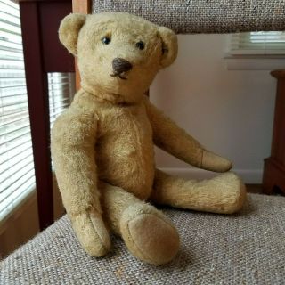 Antique Straw Stuffed Teddy Bear,  Jointed,  Head Turns,  12 " Tall