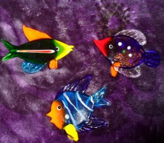 Set Of 3 - Hand Blown Murano Glass Tropical Fish Figurines