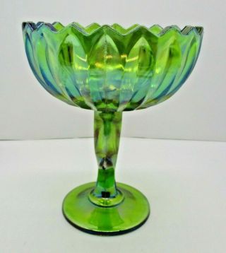 Tulip Lotus Blossom Indiana Iridescent Green Carnival Glass Compote Candy Dish